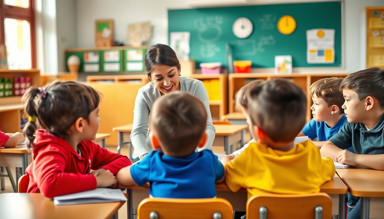 Students studying together in modern classroom